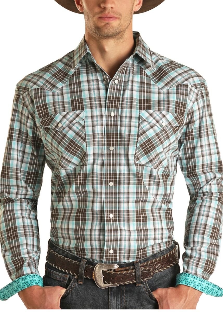 Men's Turquoise Ombre Dobby Plaid Snap By Rock and Roll R0S2491