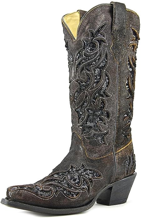 Ladies Corral Boots R1152 Brown with Black Sequin Inlay Embroidery~Studs~Western