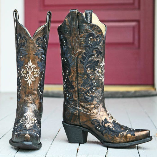 Corral Black and Bronze Embroidered and Studded Boot