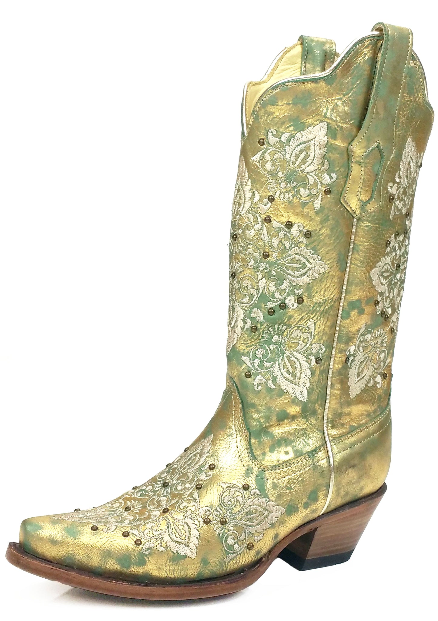 Corral Green Metallic Gold Embroidered and Studded Boots