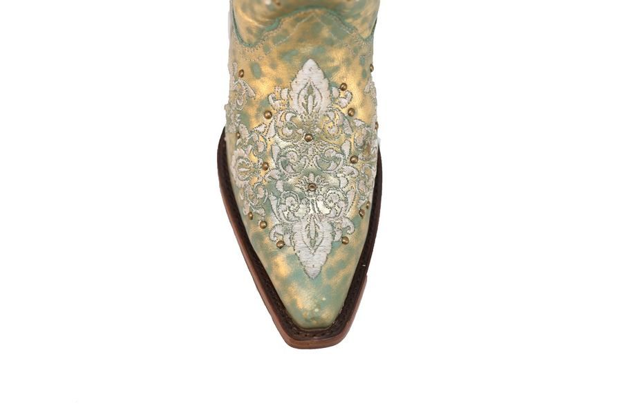 Corral Green Metallic Gold Embroidered and Studded Boots