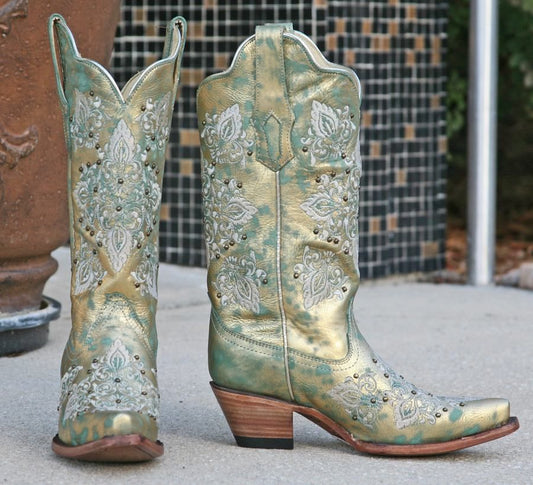 Corral Green Metallic Gold Embroidered and Studded Boots