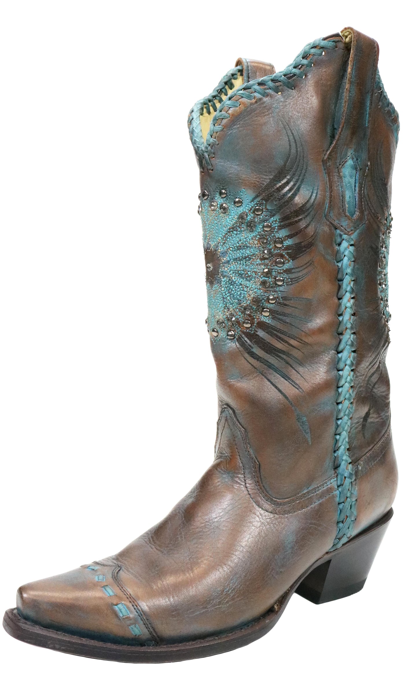 Corral Brown Turquoise Medallion Crystals and Whipstitch Boot