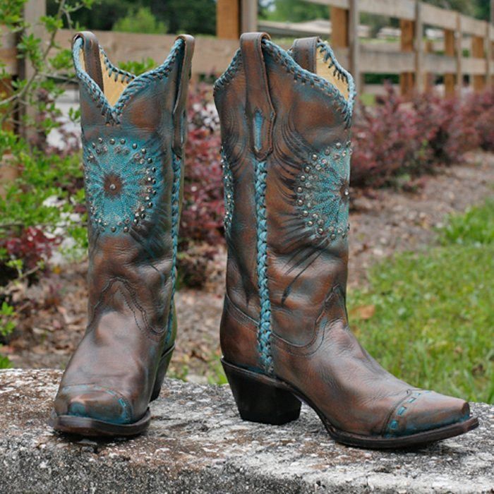 Corral Brown Turquoise Medallion Crystals and Whipstitch Boot