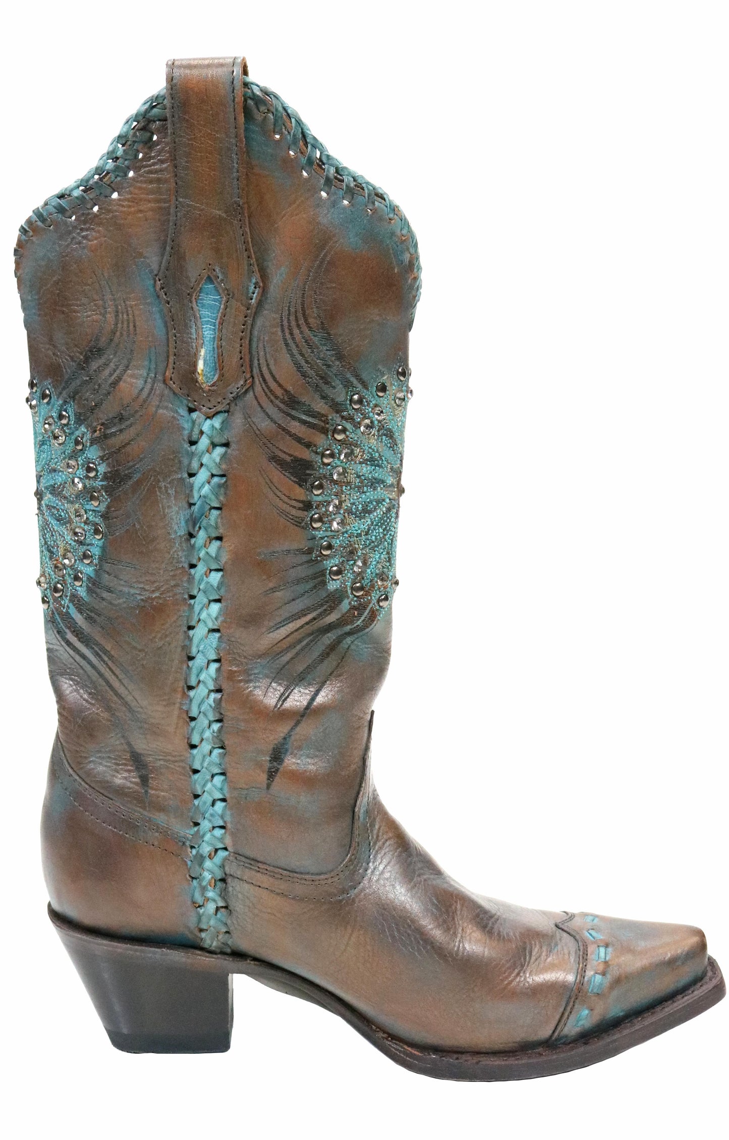 Corral Brown Turquoise Medallion Crystals and Whipstitch Boot