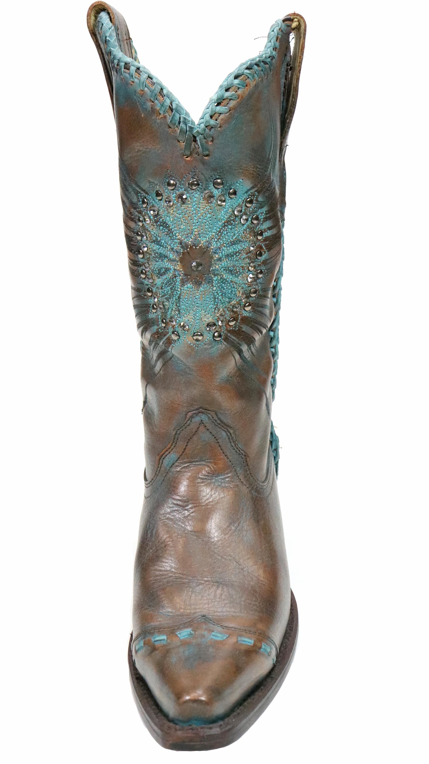 Corral Brown Turquoise Medallion Crystals and Whipstitch Boot