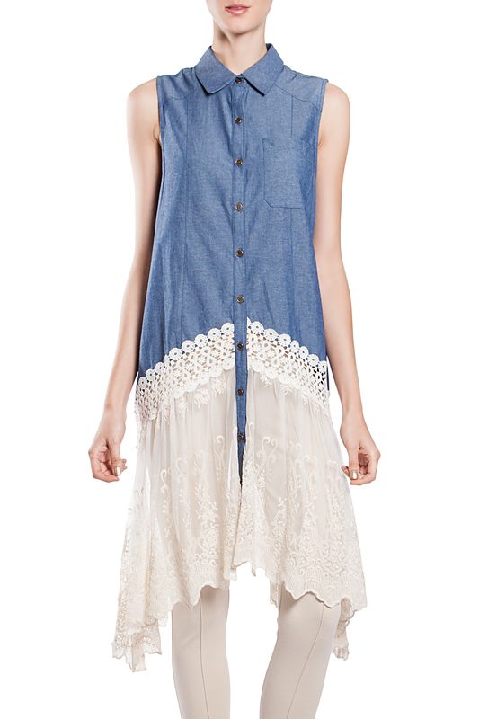 RYU Blue Chambray Button Front Top With Lace Hem