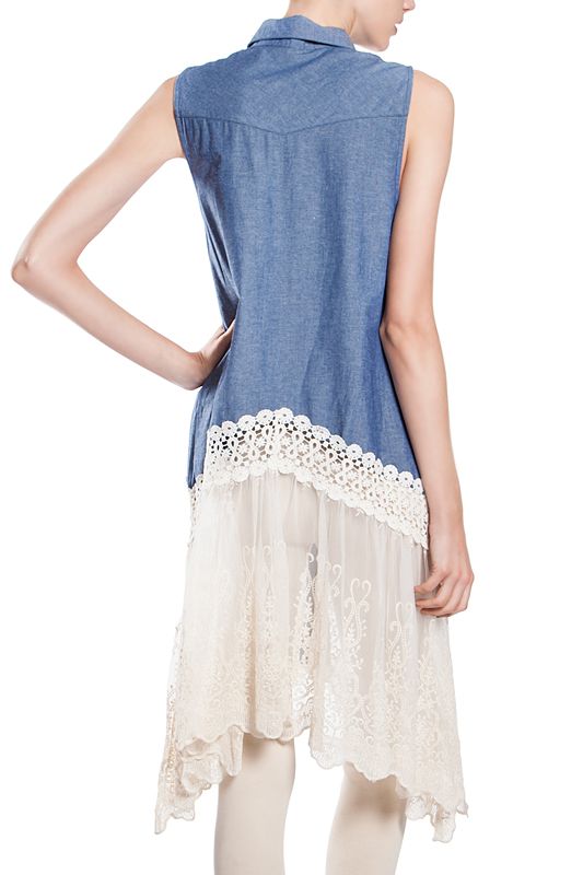 RYU Blue Chambray Button Front Top With Lace Hem