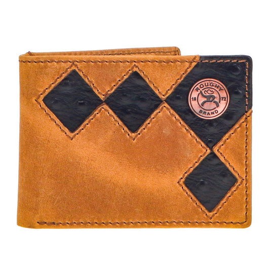 Hooey Diamond Patchwork Cutout Front Pocket Bi Fold Wallet With Black Ostrich Print Leather Inlay