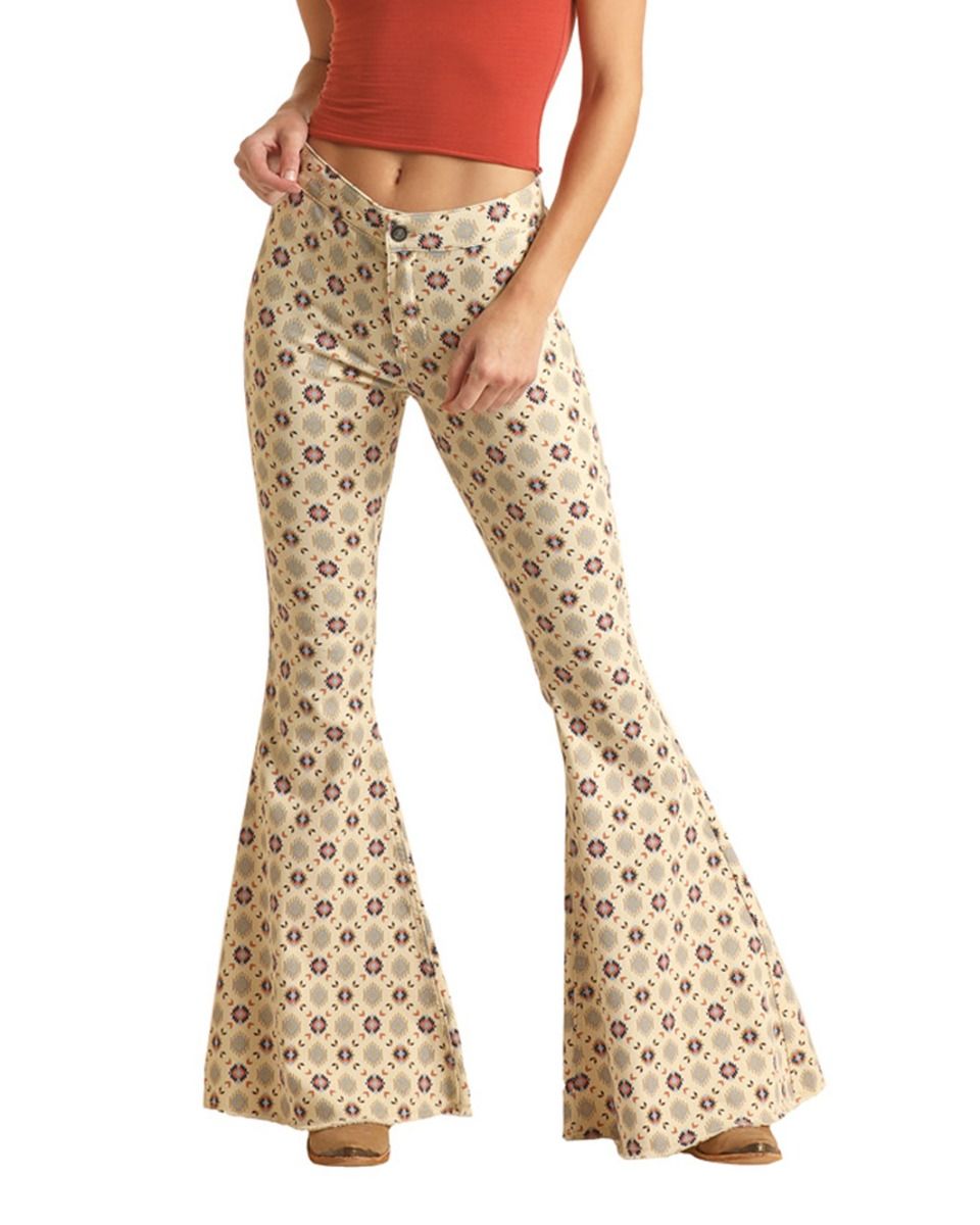 Beige Aztec Button Bell Bottoms