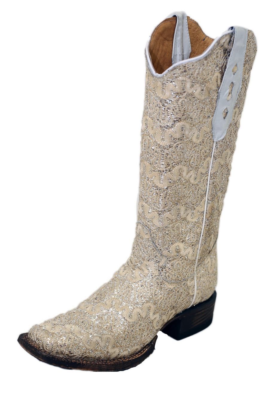Tanner Mark Boots Cream Lace Leather Boot With Silver Glitter Inlay