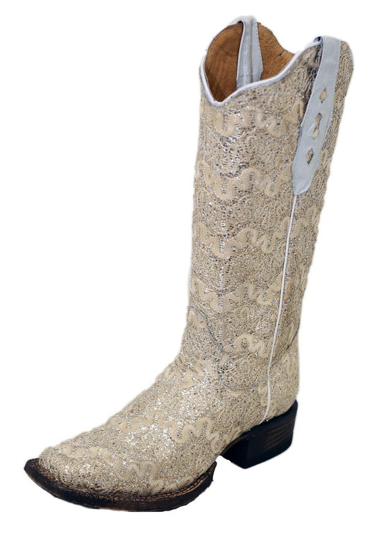 Tanner Mark Boots Cream Lace Leather Boot With Silver Glitter Inlay