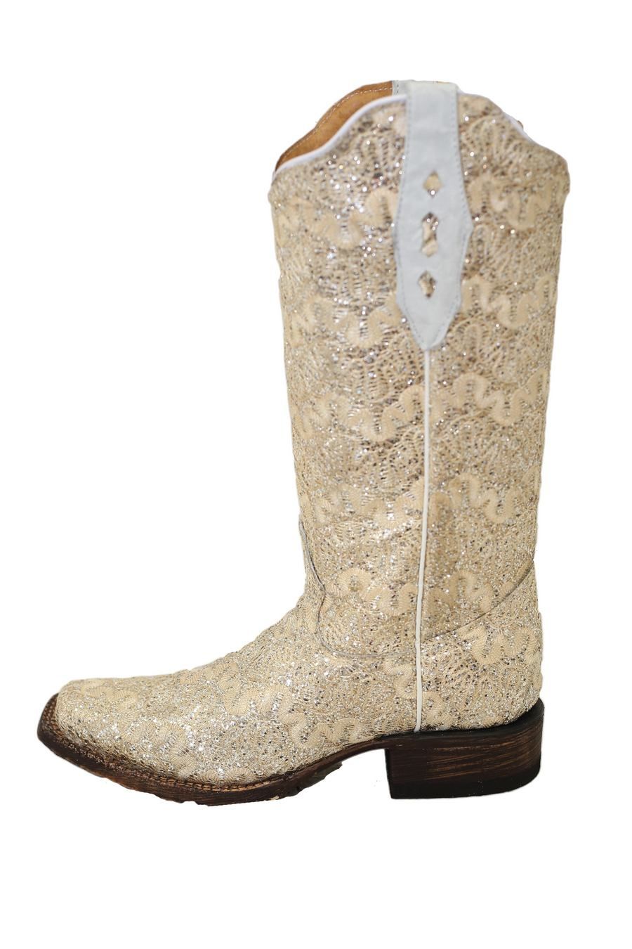 Tanner Mark Boots Cream Lace Leather Boot With Silver Glitter Inlay