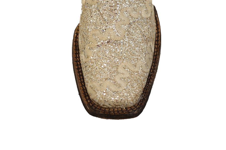 Tanner Mark Boots Cream Lace Leather Boot With Silver Glitter Inlay