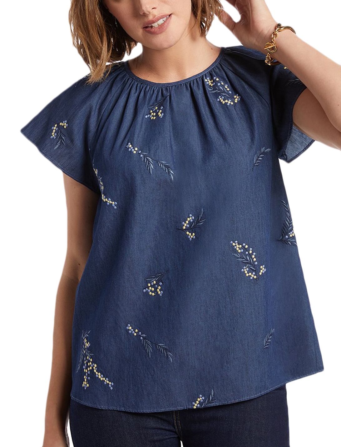 Draper James Embroidered Chambray Swing Top in Dark Wash