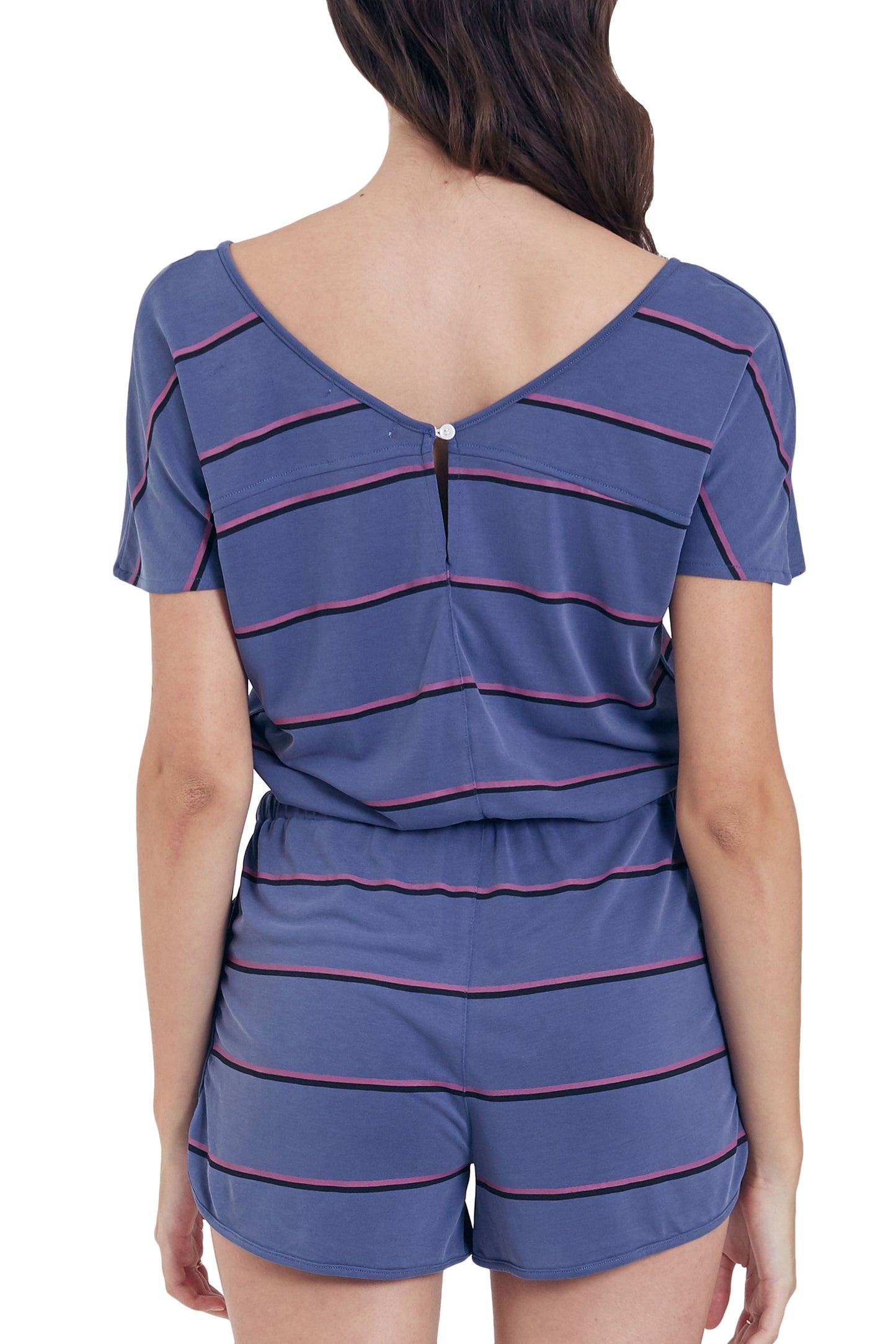 Another Love Mindy Stripe Romper in Dark Denim Magenta