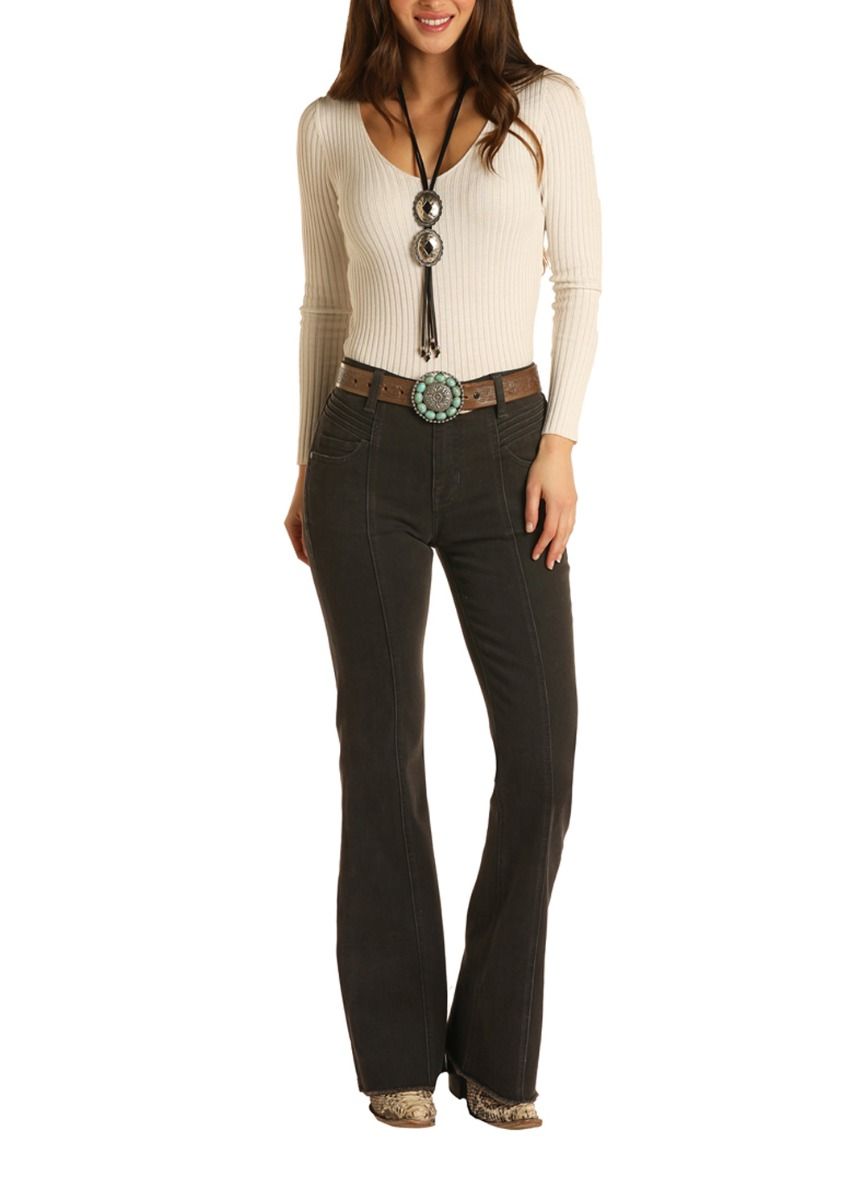 Ladies High Rise Trouser Extra Stretch Inseam of 32 In Charcoal Wash By Rock And Roll Cowgirl W8h1664