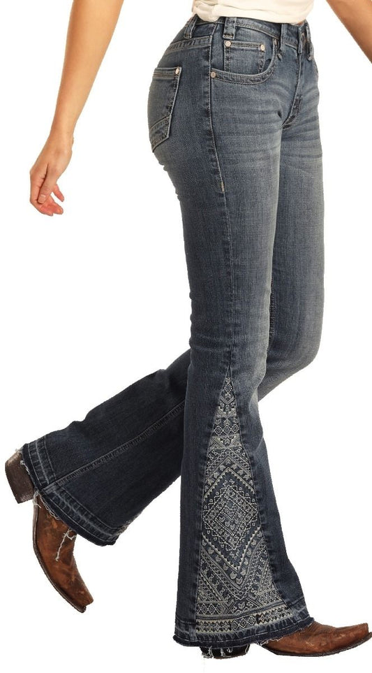 Rock and Roll Mid Rise Embroidered Flare Leg Jeans W8M4140