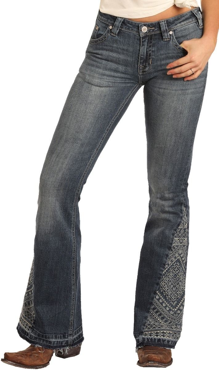 Rock and Roll Mid Rise Embroidered Flare Leg Jeans W8M4140