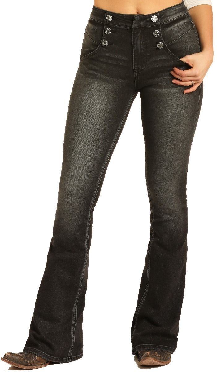 Rock and Roll Cowgirl High Wash Charcoal Wash Flare Leg Jeans WHN4145