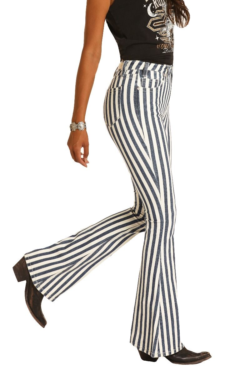 Ladies Medium Wash High Rise Striped Flares by Rock and Roll Cowgirl