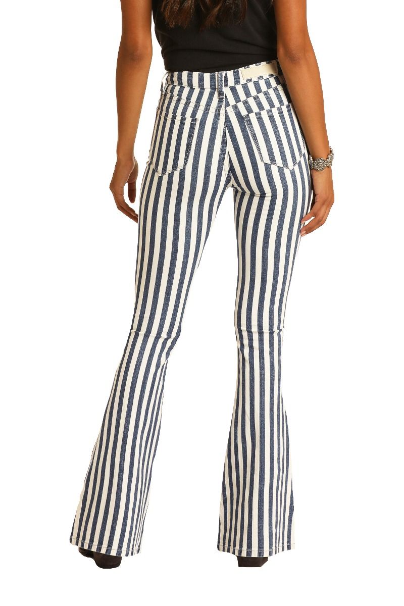 Ladies Medium Wash High Rise Striped Flares by Rock and Roll Cowgirl