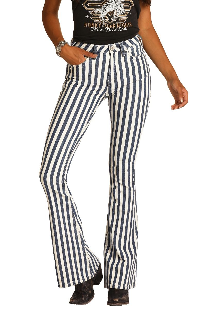 Ladies Medium Wash High Rise Striped Flares by Rock and Roll Cowgirl