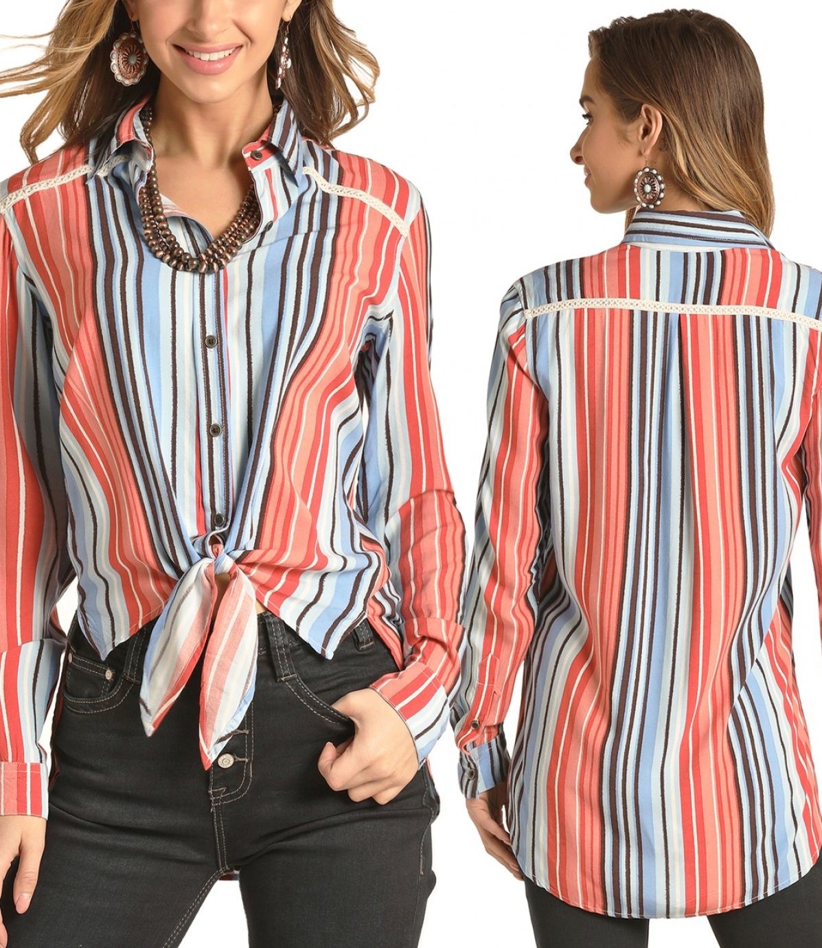 Women's Rock and Roll Cowgirl Long Sleeve Button Front Stripe Print Top