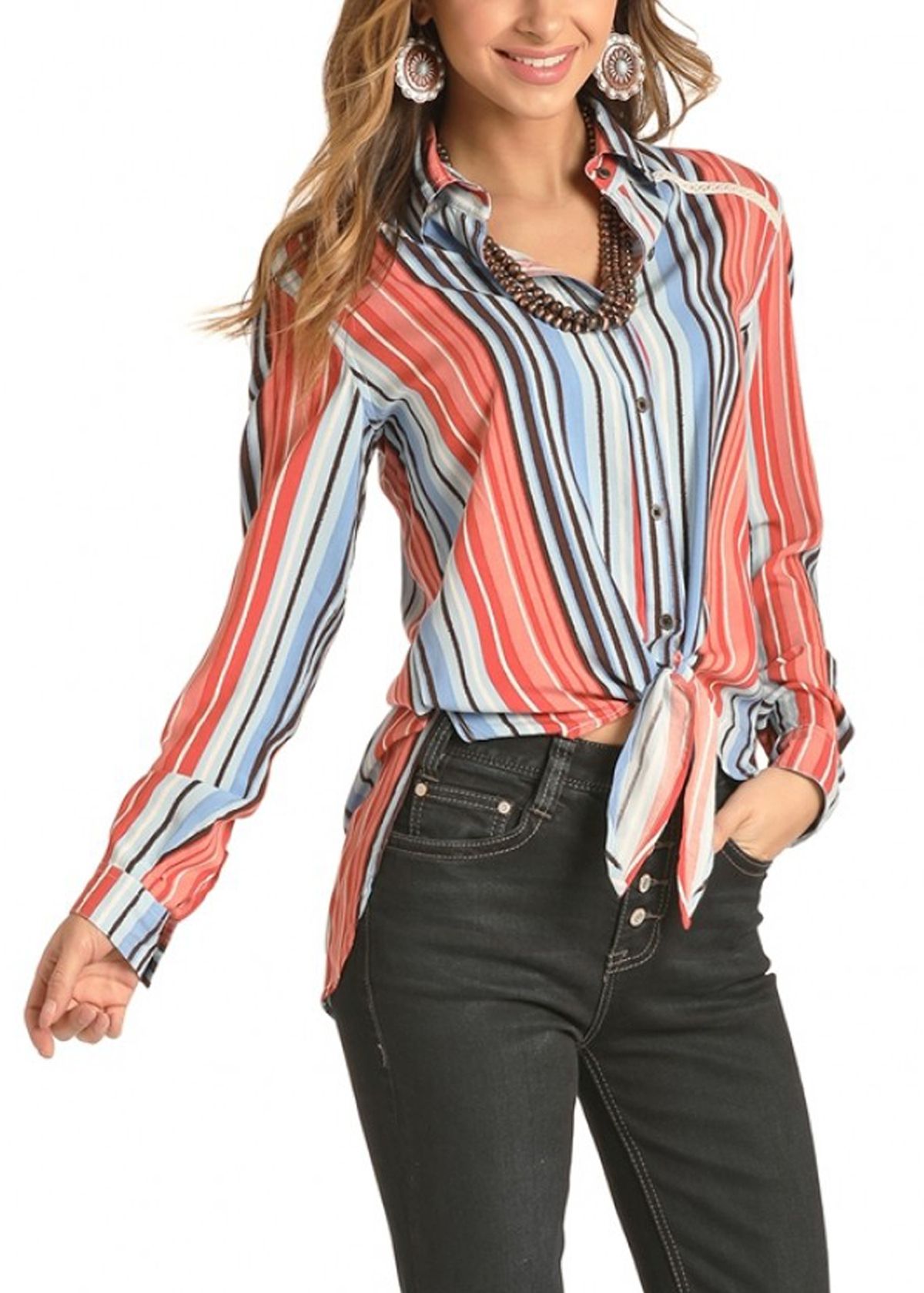 Women's Rock and Roll Cowgirl Long Sleeve Button Front Stripe Print Top