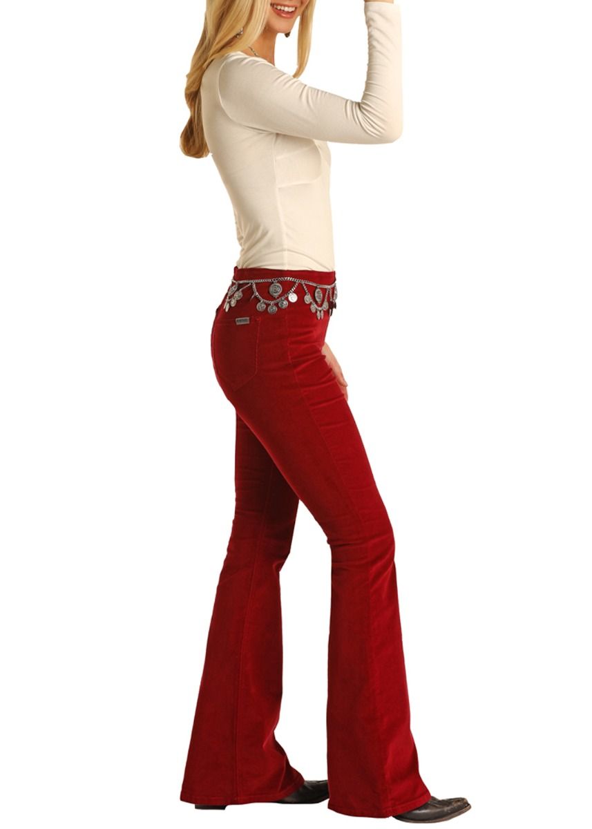 Ladies Pull On Flare Denim In Red By Rock And Roll Cowgirl Wph2668