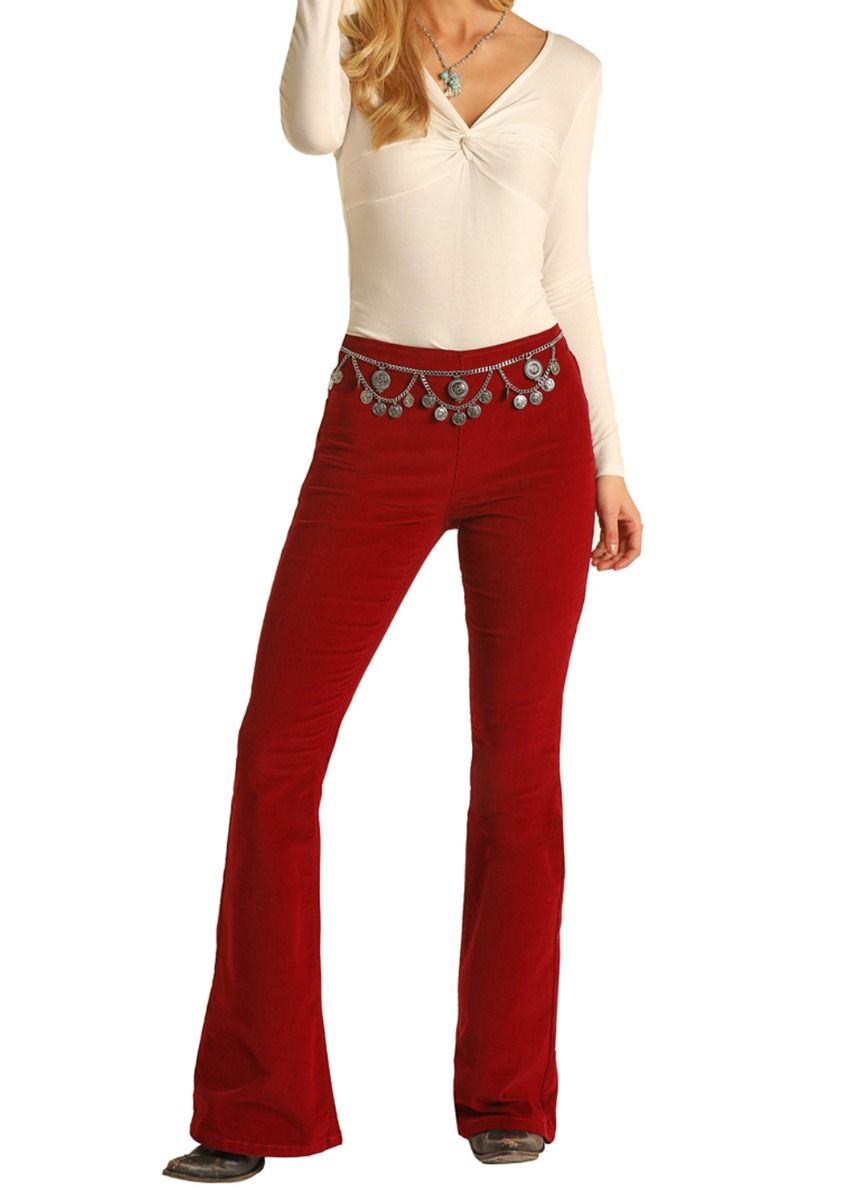 Ladies Pull On Flare Denim In Red By Rock And Roll Cowgirl Wph2668