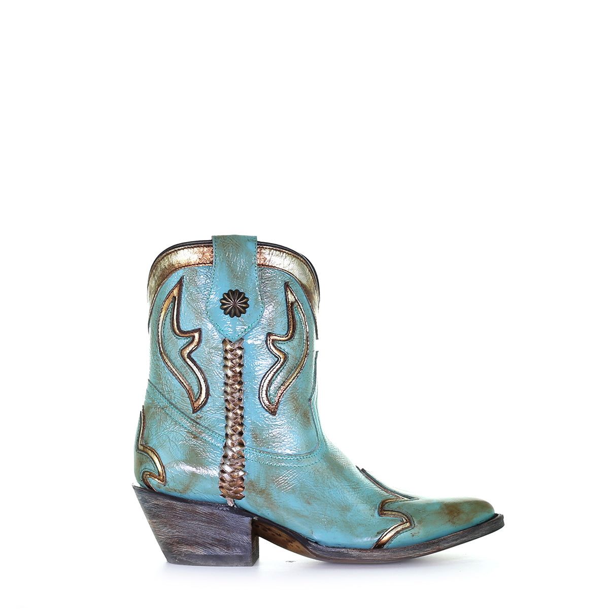 Ladies Turquoise Overlay And Woven Ankle Boot With Pointed Toe By Corral Z0120