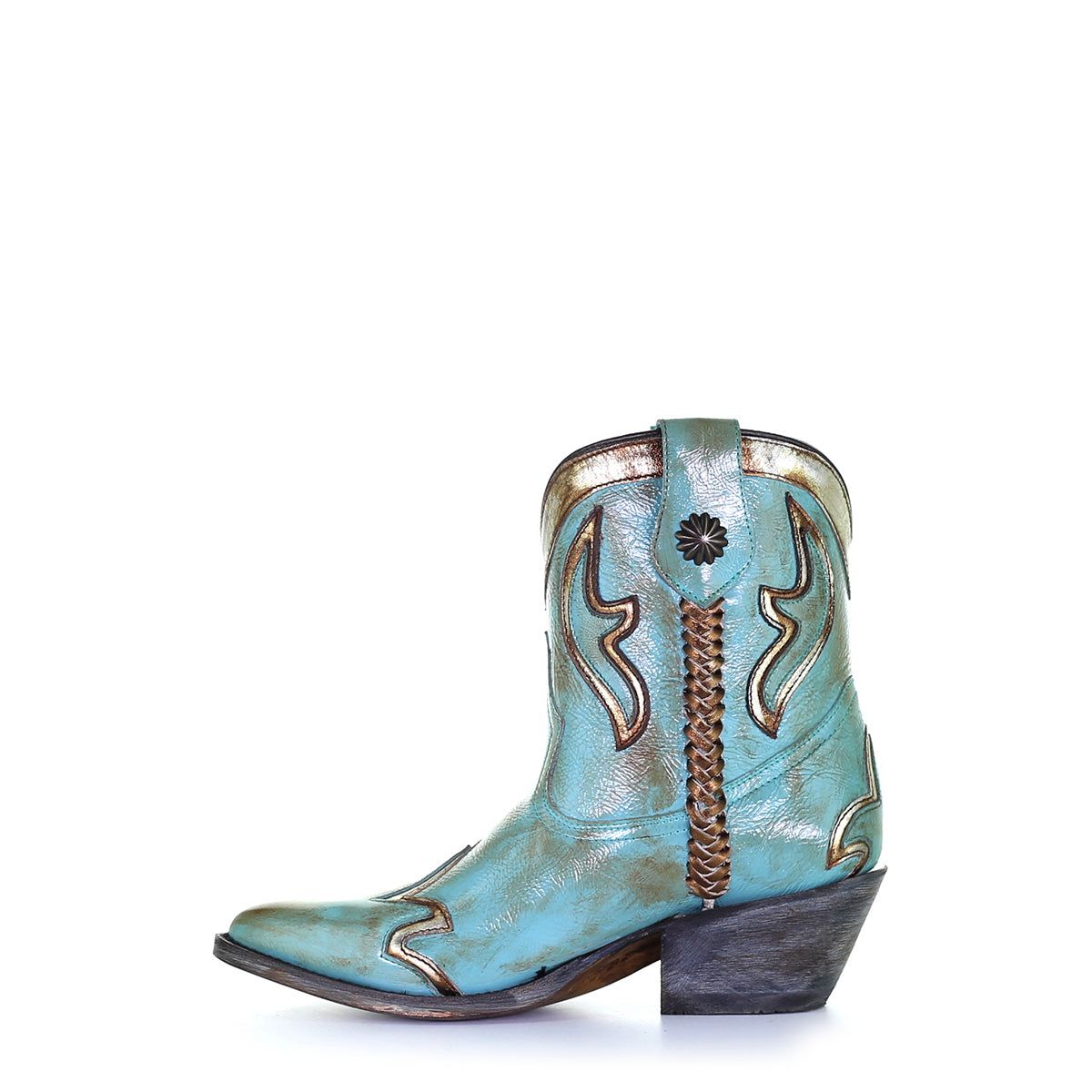 Ladies Turquoise Overlay And Woven Ankle Boot With Pointed Toe By Corral Z0120