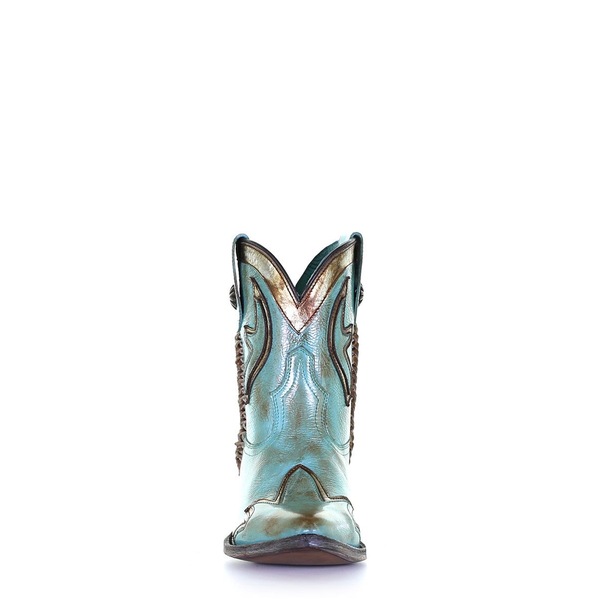 Ladies Turquoise Overlay And Woven Ankle Boot With Pointed Toe By Corral Z0120