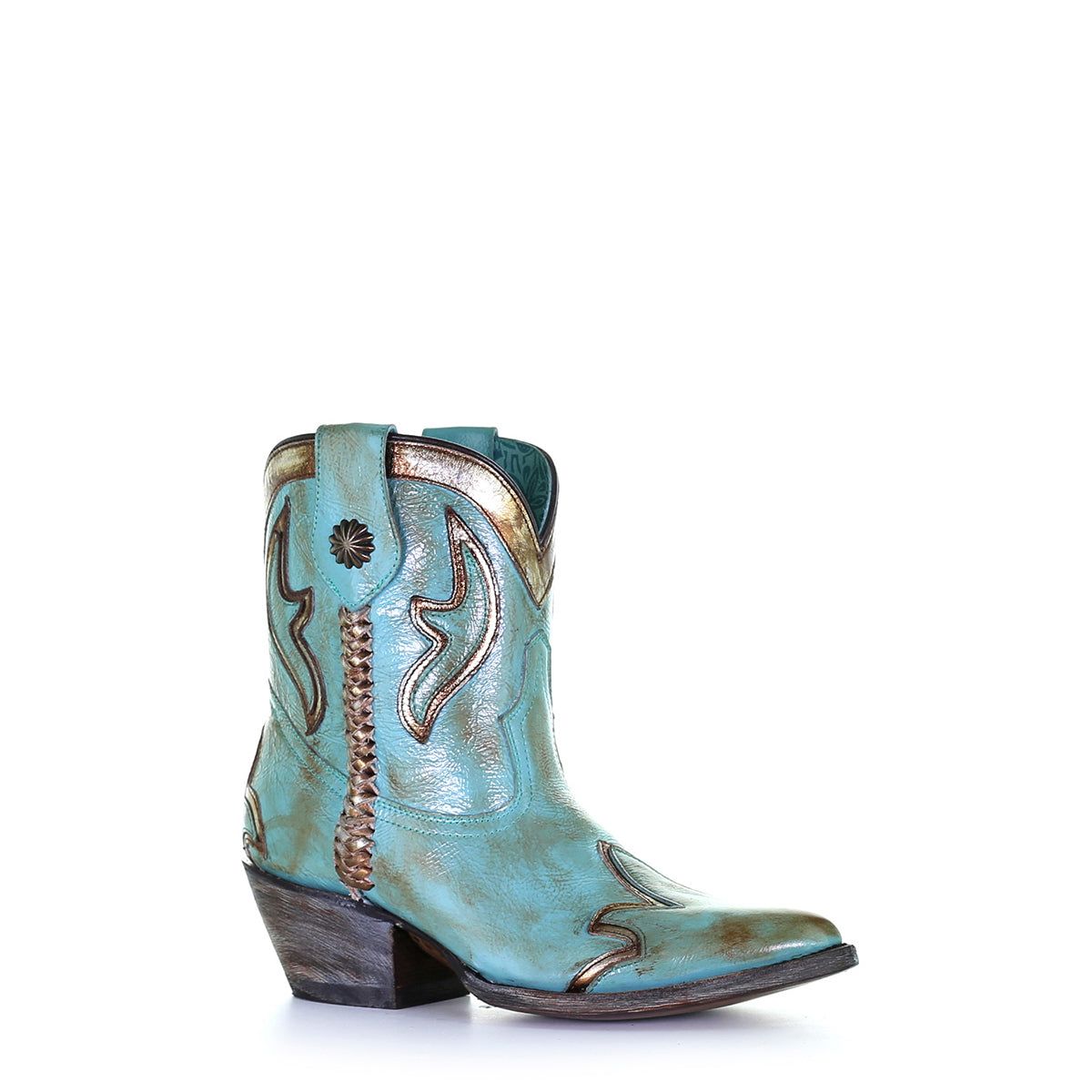 Ladies Turquoise Overlay And Woven Ankle Boot With Pointed Toe By Corral Z0120