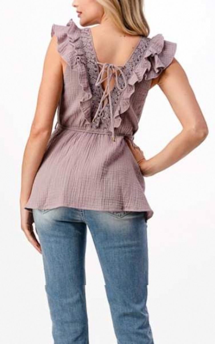 Ladies Sleeveless Frill Lace Detail Flounce Top In Lavender