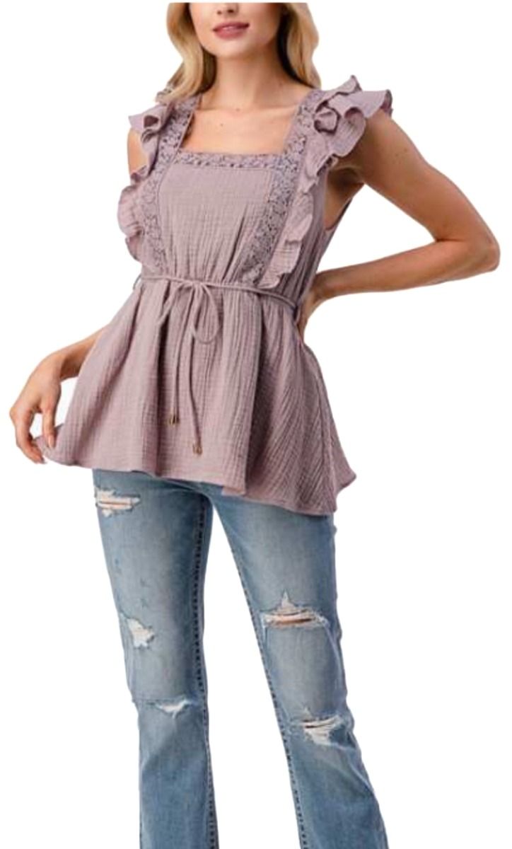 Ladies Sleeveless Frill Lace Detail Flounce Top In Lavender