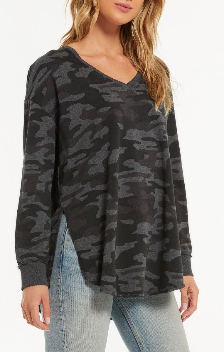 Z Supply Camo V-Neck Weekender in Camo Dark Charcoal