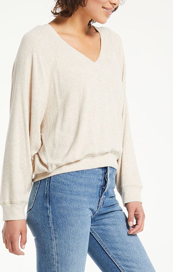 Carly Brushed Rib V-Neck Top In Light Oatmeal By Z Supply Zt214381